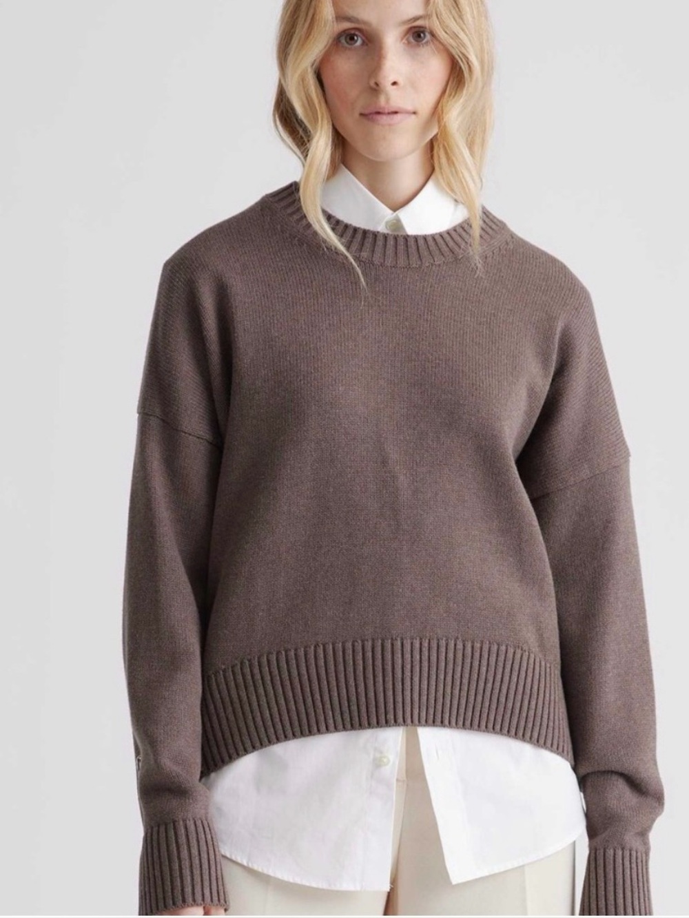 Quince 100% Organic Cotton Boyfriend Crew Sweater, Heather Brown, Large - Picture 15 of 15